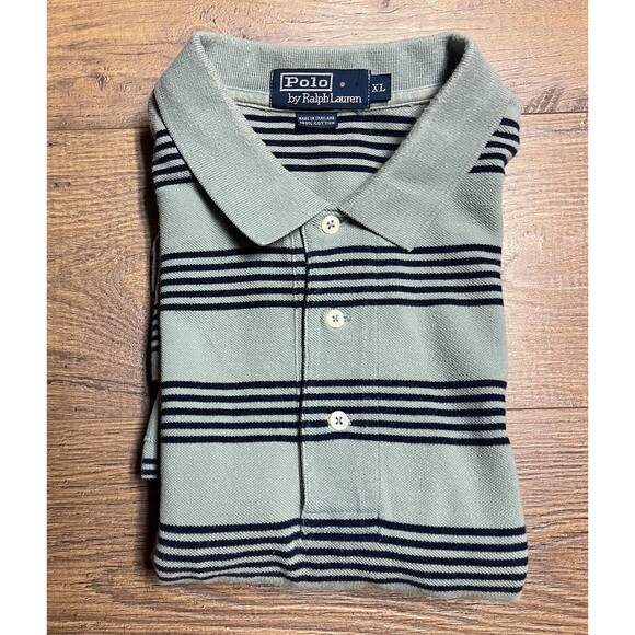 Vintage Polo Ralph Lauren Shirt Mens XL Striped Green Blue 90s Pony Short Sleeve - Picture 9 of 10